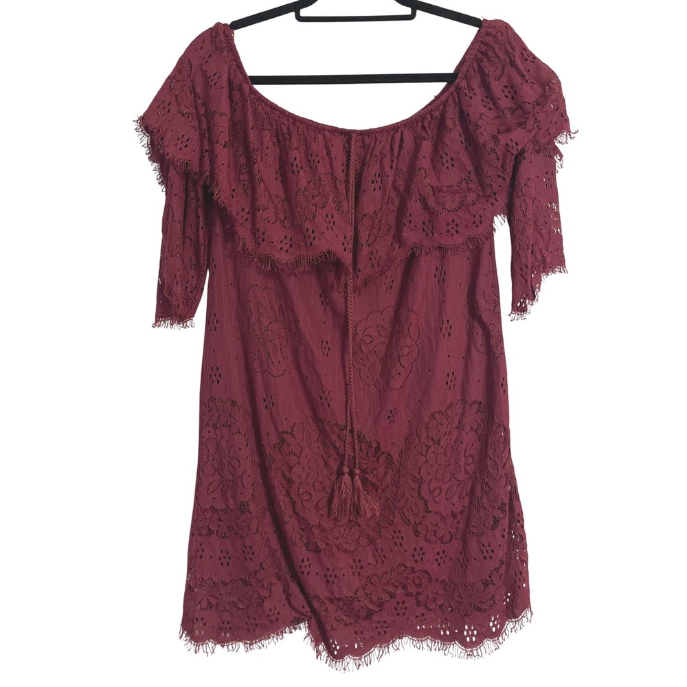 Flying‎ Tomato Maroon Lace Off Shoulder Ruffle Romantic Witchy Mini Dress Sm